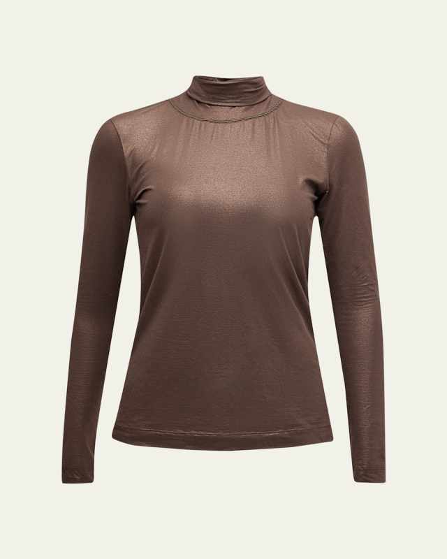 Monili Turtleneck Lame Jersey Long-Sleeve Top